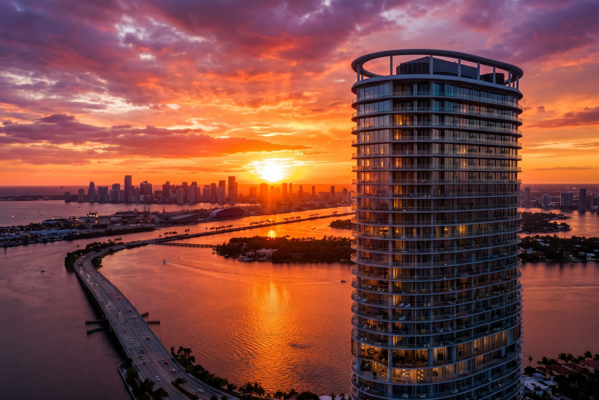 Five Park overlooking Biscayne Bay and the Miami skyline at sunset